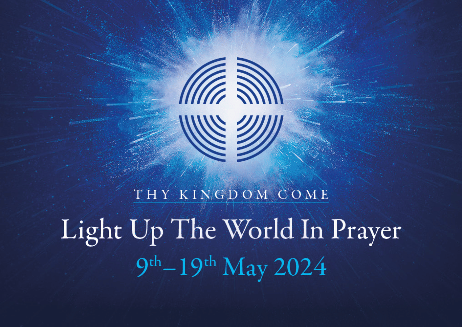 Circular maze logo on a blue background with light behind the maze.  An invitation to pray during thy kingdom come 2024