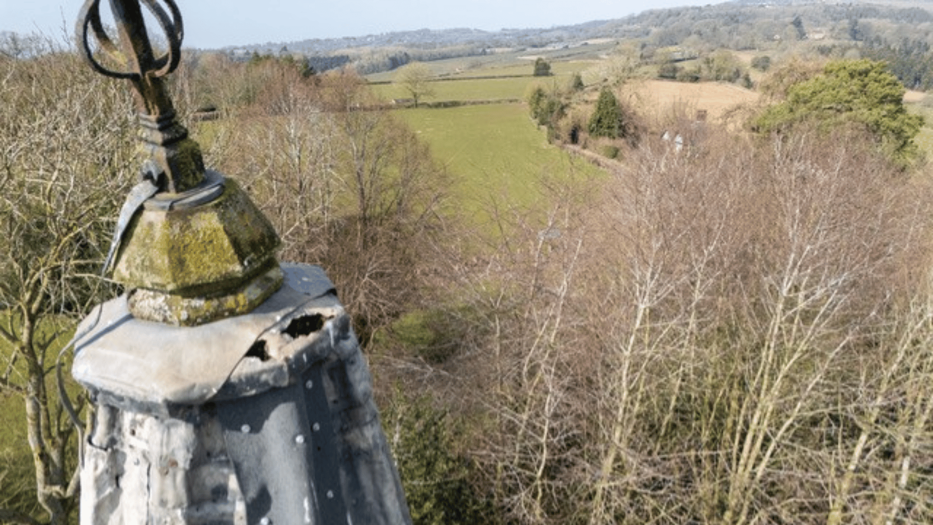 spire of St John's church Nash looking out across countryside