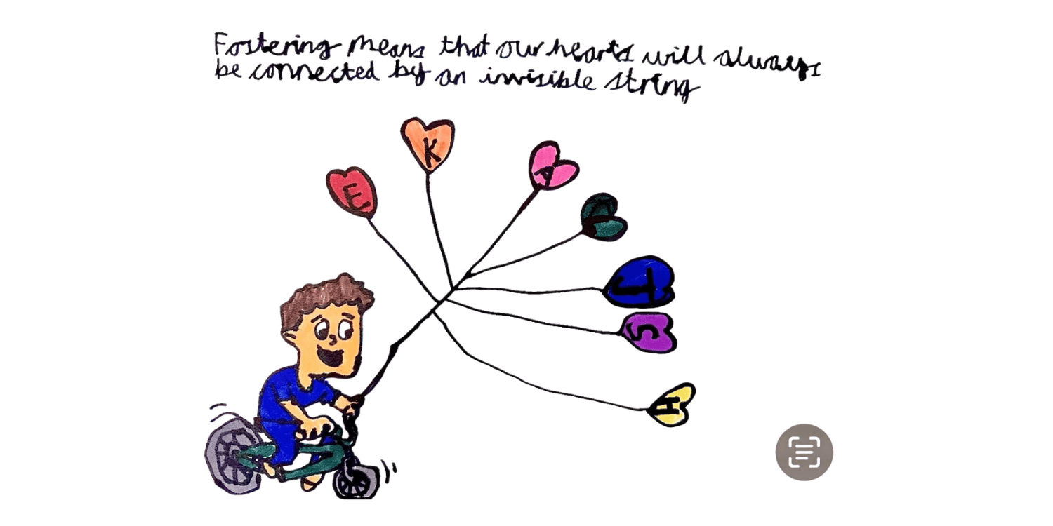 child's hand drawing showing a boy riding a bicycle holding different coloured heart shaped balloons