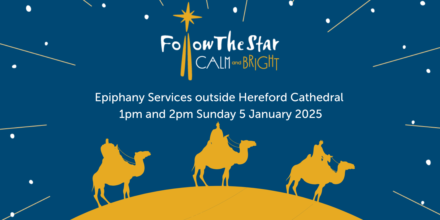 Three kings riding on three camels in solid yellow with a blue background with the words Follow the Star calm and bright