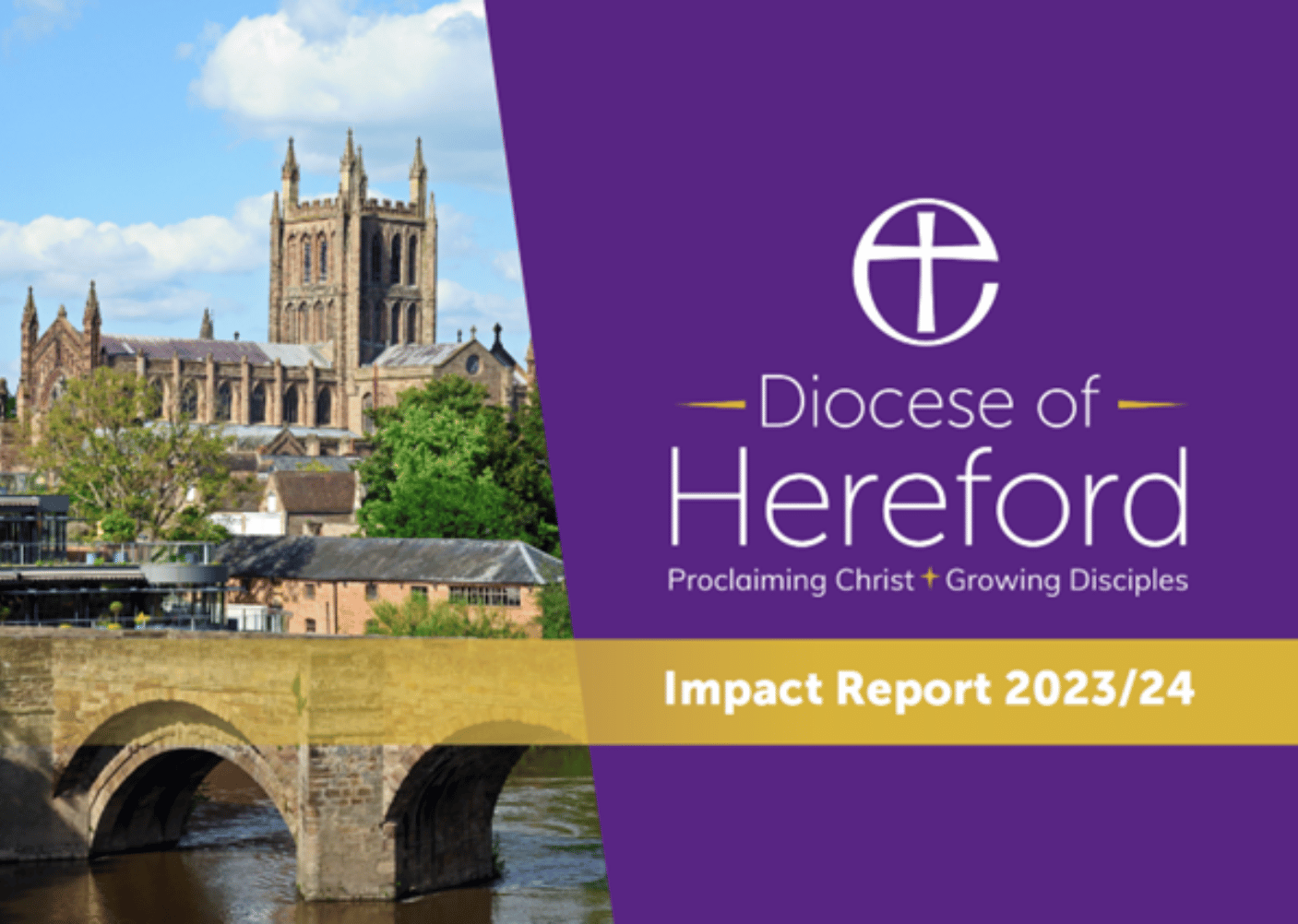 Impact Report 2023 front cover showing Image of Hereford Cathedral and purple background with diocesan logo saying Hereford Diocese