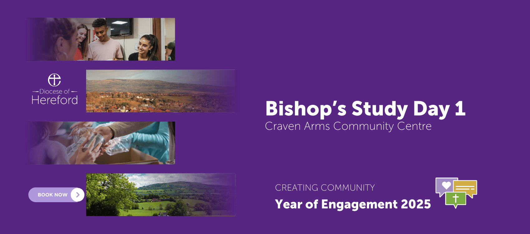 Purple background with three photographs and words saying Bishop's Study Day at Craven Arms