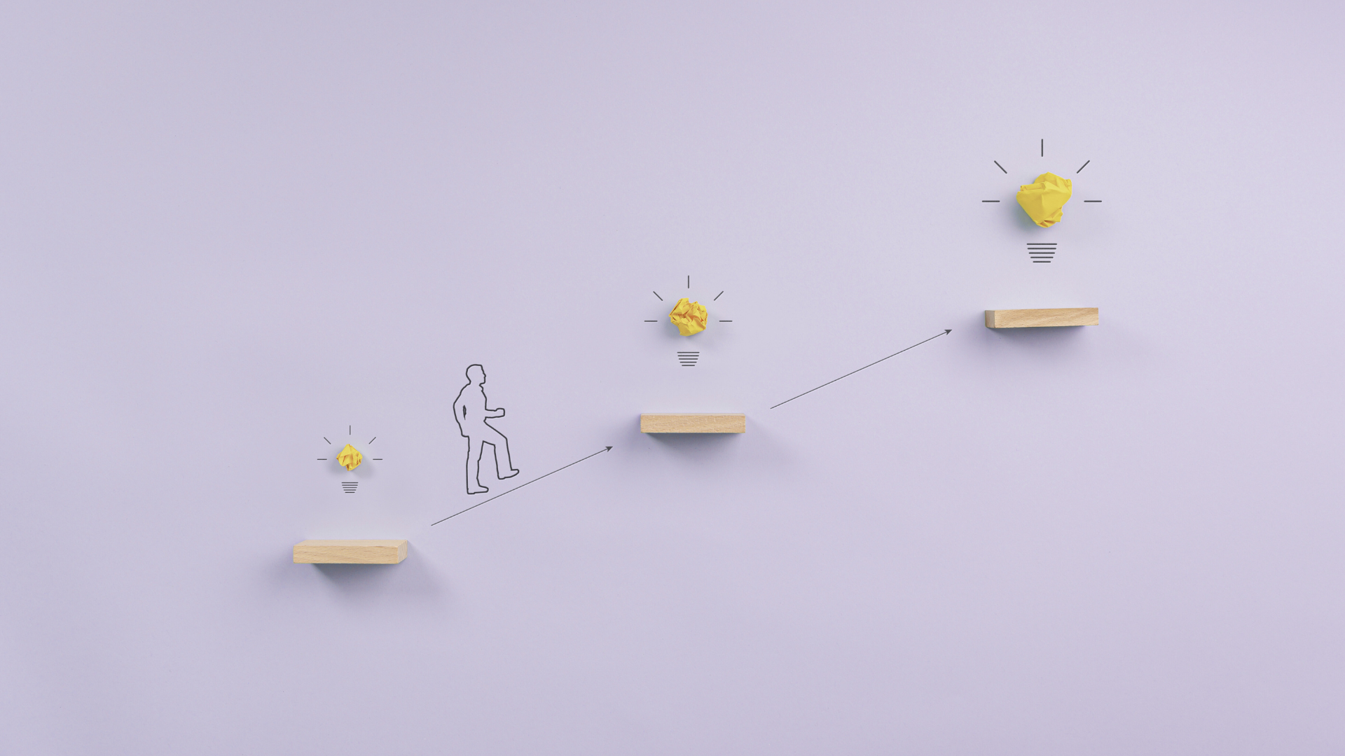 Stick man walking up a stairs of ideas
