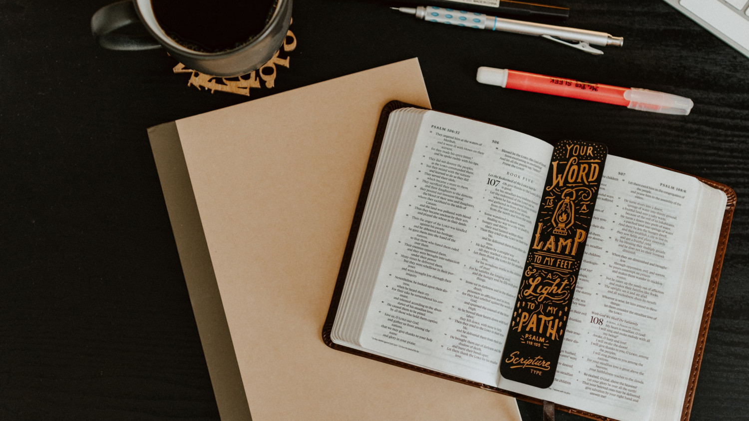 Image of an open bible and study stationery