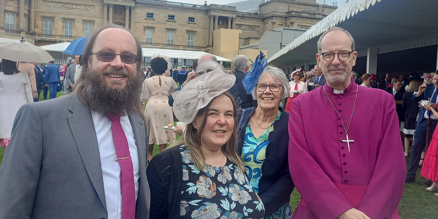 David and Kathy Bland with Bishop Richard on the lawns of Buckingham Palace